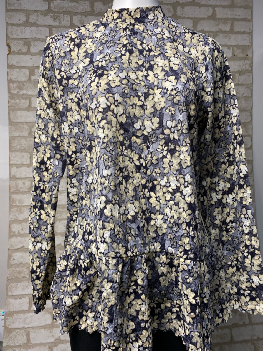 Floral Peplum Long-Sleeve Top in Navy and Cream